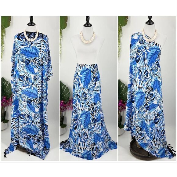 White/Black/Blue Tropical Foliage Hawaiian MAXI SARONG Kīkepa Pareo Beach Wrap - Picture 1 of 4